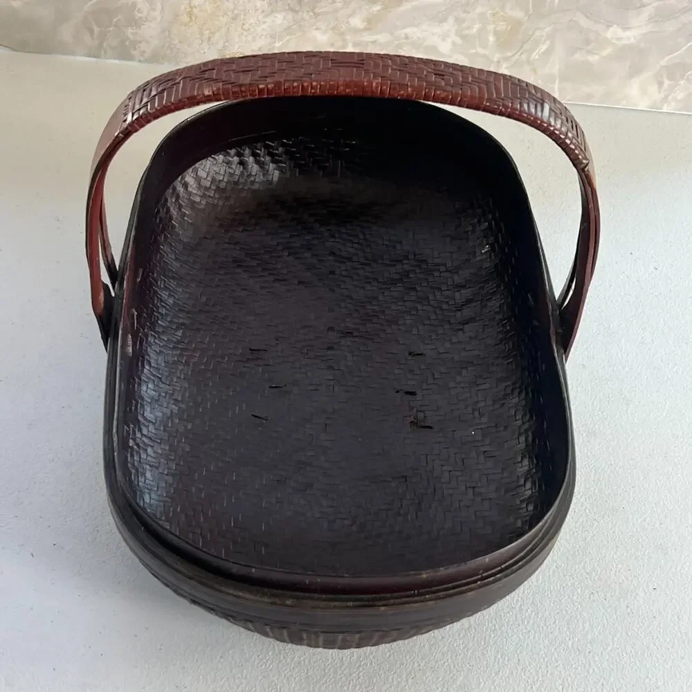 Oriental Chinese Food Bridal Lidded Wicker Bamboo Basket With Handle